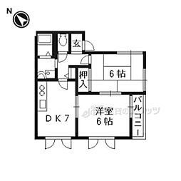 ドミール北山 2階2DKの間取り