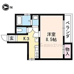 京福電気鉄道北野線 北野白梅町駅 徒歩9分の賃貸マンション 3階1Kの間取り