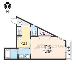 京阪本線 神宮丸太町駅 徒歩15分の賃貸アパート 1階1Kの間取り