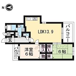 阪急嵐山線 上桂駅 徒歩15分の賃貸マンション 5階2LDKの間取り