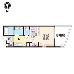 京都市営烏丸線 北大路駅 徒歩10分の賃貸アパート 1階1Kの間取り