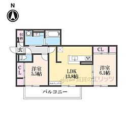 ラグーン京都六条 2階2LDKの間取り