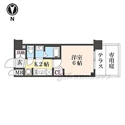 京都市営烏丸線 十条駅 徒歩4分の賃貸マンション 1階1Kの間取り
