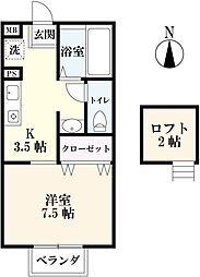 フォンティーヌ 2階1Kの間取り
