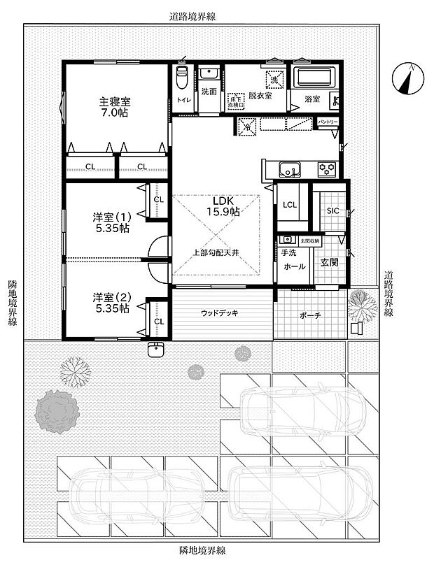 勾配天井で開放感のあるリビング◎便利な収納、広々キッチン、独立洗面など約25坪にこだわりが詰まっています。