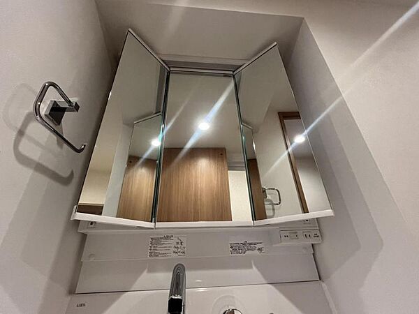 洗面台は収納豊富な三面鏡タイプです◎毎日使う化粧品、ドライヤー、歯ブラシのほか掃除用品やストック用品もスッキリ収納可能♪