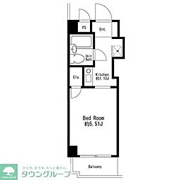 東急池上線 御嶽山駅 徒歩4分の賃貸マンション 2階1Kの間取り