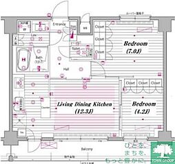 グランド・ガーラ白金高輪 12階2LDKの間取り