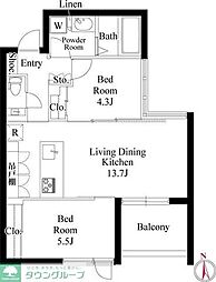 東京メトロ日比谷線 広尾駅 徒歩10分の賃貸マンション 3階2LDKの間取り
