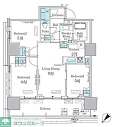 都営大江戸線 勝どき駅 徒歩14分の賃貸マンション 15階3LDKの間取り