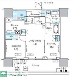 都営大江戸線 勝どき駅 徒歩12分の賃貸マンション 10階2LDKの間取り