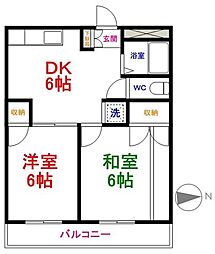 JR青梅線 小作駅 徒歩15分の賃貸マンション 2階2DKの間取り