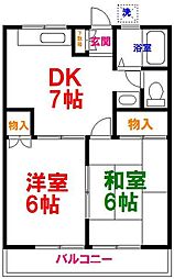 野島ハイツ 2階2DKの間取り