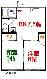JR青梅線 福生駅 徒歩10分の賃貸アパート 2階2DKの間取り
