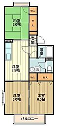 プリシアードI 2階3DKの間取り