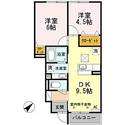 カサヴェール 1階2DKの間取り