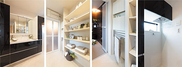 【加茂モデル】壁一面に広がる収納スペースを、選択小物が収納出来る戸棚などが充実した洗面室は約3.5帖。玄関ホールやキッチンとつながり、おしゃれでありながら機能性も優れています。