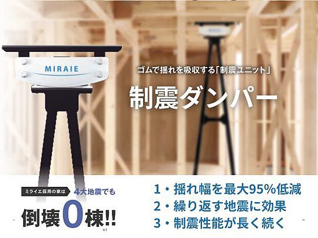 揺れを最大95%吸収・低減できる制震ダンパー「MIRAIE（ミライエ）」を全棟標準採用することで、繰り返し起きる揺れにも負けない丈夫な住まいを実現します。