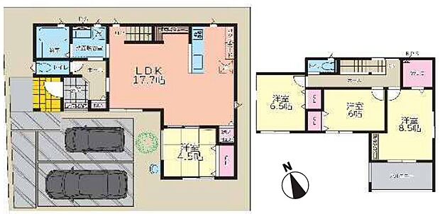 2号棟、間取り図／並列2台駐車可能です。