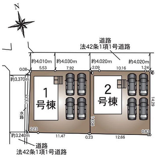 2号棟／区画図。駐車4台可、来客時などに役立ちます。