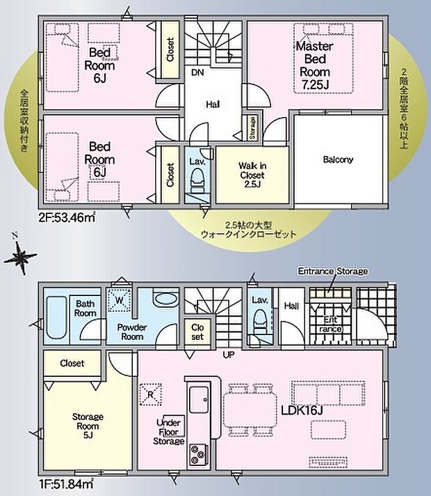 5号棟／間取り図。3SLDK。2.5帖のウォークインクローゼットの他にも収納豊富で片付けに役立ちます。