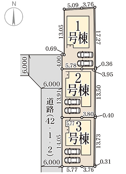 (1号棟)3LDK 並列2台駐車可能。前面道路6mでゆったりしています。