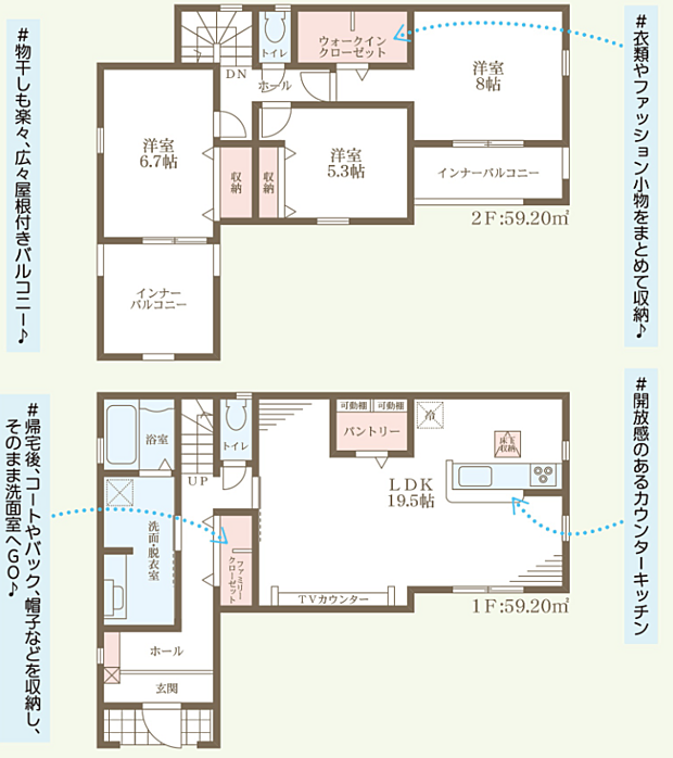 3LDK。ウォークインクローゼット、ファミリークローゼット、パントリー付き。