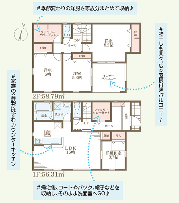 4LDK。1階、2階にファミリークローゼット付き。