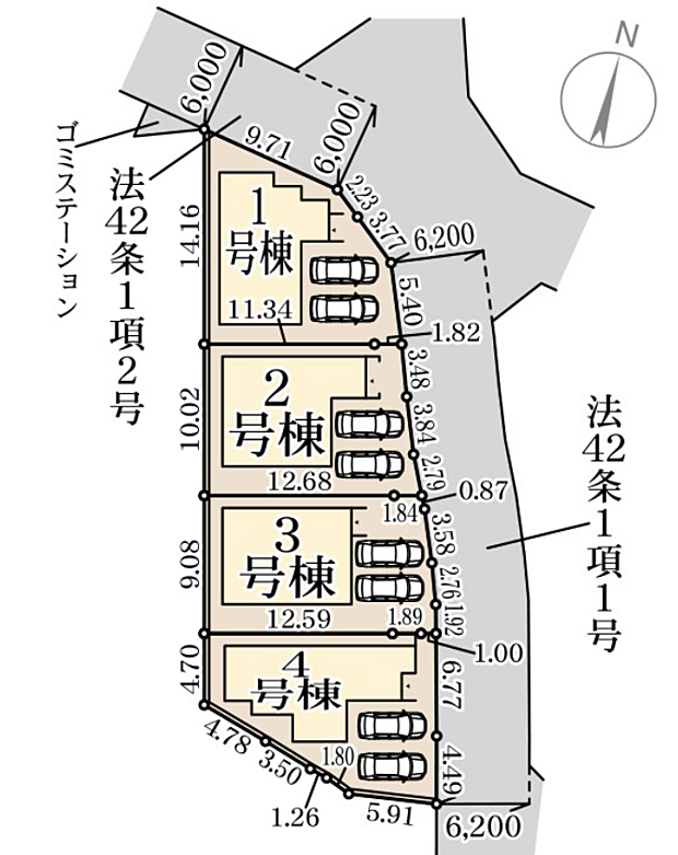 (4号棟)並列2台駐車可能。前面道路6mでゆったりしています。お気軽にお問い合わせください。