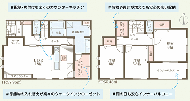 各居室収納の他にファミリークローゼット、ウォークインクローゼット付き。全室南向きで日当たり良好。