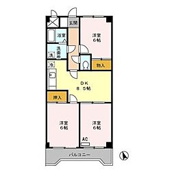 サザンハピネス 6階3DKの間取り