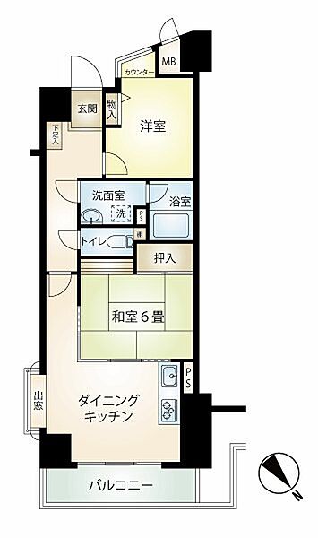 【間取り】ダイニングを中心に、2つの居室を備えた使い勝手の良い間取りです。角部屋という恵まれたポジション。