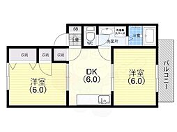 大倉山ハイツA棟 2階2DKの間取り