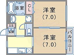 中山手ガーデンパレスD棟 2階2Kの間取り