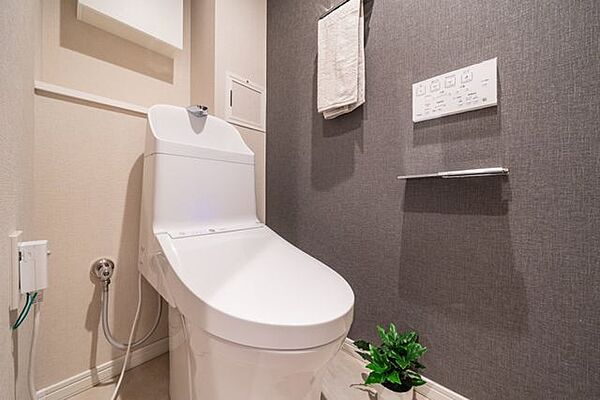 トイレは快適な温水洗浄便座付です。清潔感のあるホワイトで統一しました。いつも清潔な空間であって頂けるよう配慮された清潔感のある造りとデザインです。※室内の家具・小物等は販売価格に含みません。