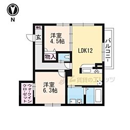 京洛舎岩倉Ａ棟 2階2LDKの間取り