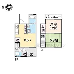 JR山陰本線 円町駅 徒歩9分の賃貸一戸建て 1階2DKの間取り