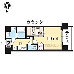 アクアプレイス京大北ＯＸ 1階1LDKの間取り