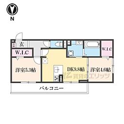 JR草津線 手原駅 徒歩23分の賃貸アパート 3階2DKの間取り