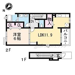JR東海道・山陽本線 草津駅 徒歩27分の賃貸アパート 2階1LDKの間取り