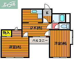 JR山陽本線 岡山駅 徒歩12分の賃貸マンション 2階2DKの間取り