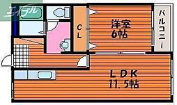 JR宇野線 大元駅 徒歩12分の賃貸マンション 3階1LDKの間取り