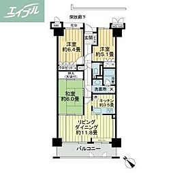 JR山陽本線 岡山駅 徒歩15分の賃貸マンション 7階3LDKの間取り