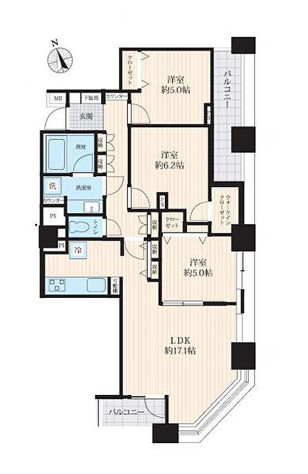 間取り図二面彩光の角住戸に収納豊富な間取り。