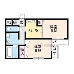 フォレスタ伏見 2階2Kの間取り