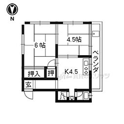 ロハス長岡京 2階2DKの間取り