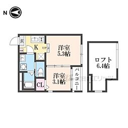 JR奈良線 稲荷駅 徒歩13分の賃貸アパート 2階1DKの間取り