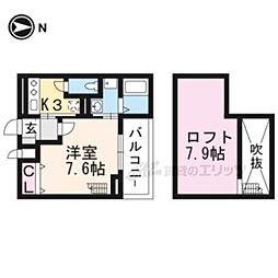 京阪本線 藤森駅 徒歩10分の賃貸アパート 3階1Kの間取り