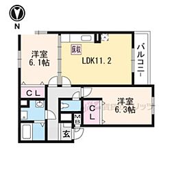 JR東海道・山陽本線 長岡京駅 徒歩29分の賃貸アパート 1階2LDKの間取り
