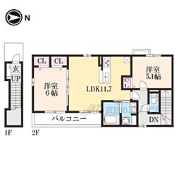 シェモア 2階2LDKの間取り